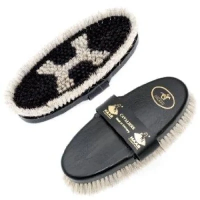 Image of Haas 4025589206304 Cavaliere for women made of horsehair with longer bristle edge and leather hand strap, size 200 x 85 mm, the brush back is black.