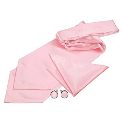 Image of DQT Men Plain Satin Wedding Cravat &amp; Pocket Square + Cufflinks Pre Tied, Baby Pink