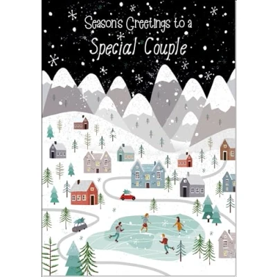 Image of doodlecards Special Couple Christmas Card Mountain Scene In Snowy Village Medium Size with Plain Envelope