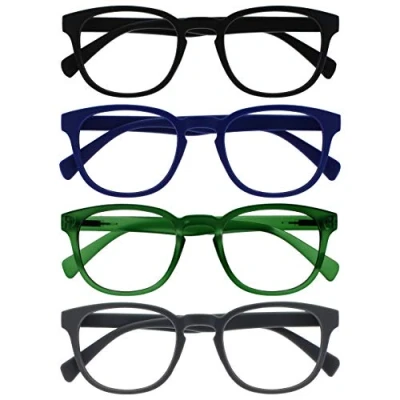 Image of Opulize Pop Reading Glasses 4 Pack Fun Round Matt Frame Black Blue Moss Green Grey Spring Hinges Scratch Resistant Mens Womens RRRR2 1367 +3.50