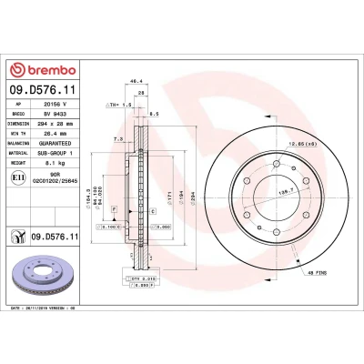 Image of 6000611049, 6000622983 Brake disc BREMBO 09.D576.11 294mm 28mm 6 internally vented Coated MITSUBISHI: L200 / Triton V Pickup, IV Pickup