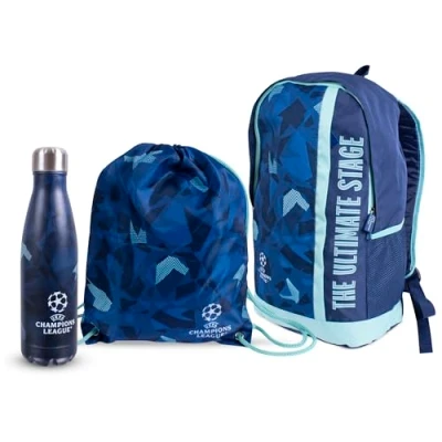 Image of Hy Pro UEFA Champions League Bundle with a Backpack, Gym Sack and 500ml Thermal Bottle Officially Licensed, Back to School, UCL, Stainless Steel Bottle, Drawstring Sack,
