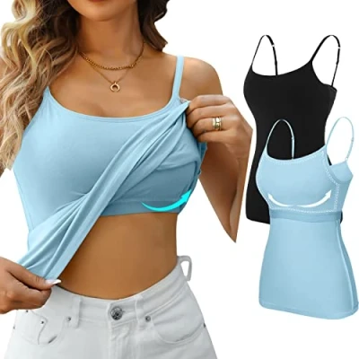 Image of CharmLeaks 2 Pack Women Summer Cotton Camisole Tops Strappy Gym Vest, Black &amp; Light Blue, XL