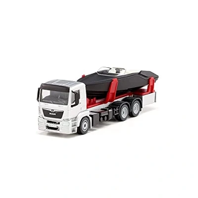 Image of siku 2715, Lorry with Motorboat, 1:50, Metal,Plastic, Silver,Black, Floating toy boat