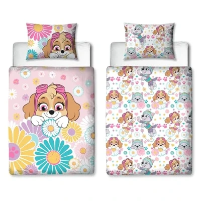 Image of Official Paw Patrol Childs Toddler Cot Bed Duvet Cover Flowers and Skye Design Reversible 2 Sided bedding with Matching Pillowcase, Polycotton