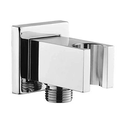 Image of Wall Supply Elbow with Hand Shower Holder, Keymark Brass Square 1/2″Shower Hose Connector, Mount Drop Ell Union Water Outlet, Chrome