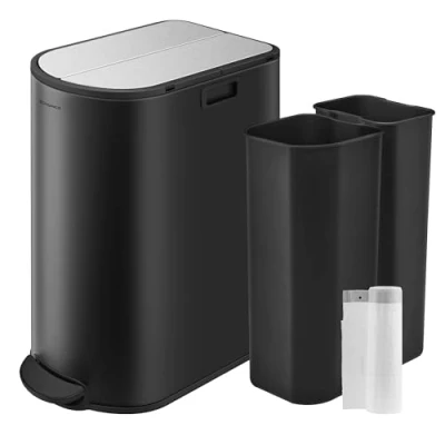 Image of SONGMICS 13 Gallon Dual Kitchen Trash Can, 5.3 and 8 Compartments, Garbage Can with Wing Lids, Stainless Steel, Soft Close, Inner Buckets, Ink Black Metallic Silver ULTB570B50