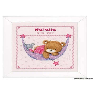 Image of Vervaco Counted Cross Stitch: Birth Record: Little Bear in Hammock (Pink), COTTON, NA, 21 x 24cm
