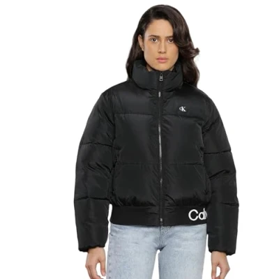 Image of Calvin Klein Jeans Women Winter Jacket Logo Short Puffer, Black (Ck Black), XL