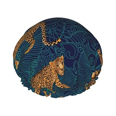 Image of Leopard Jungle Midnight Shower Cap,Nightcap Double Layer Waterproof Elastic Bath Cap Reusable Bathing Hair