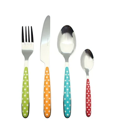 Image of EXZACT Cutlery Set 24pcs Polka Dot Mixed Colours, Stainless Steel with Color Handles 6 Forks, Dinner Knives, Spoons, Teaspoons Dishwasher Safe (Mixed Colour x 24)