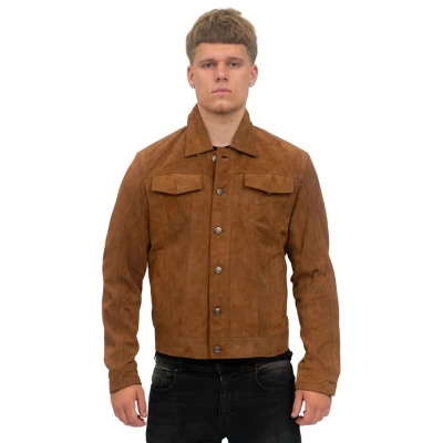 Image of Men&#039;s Tobacco Goat Suede Jeans Jacket Trucker Casual Denim Leather Brown Shirt 2XL