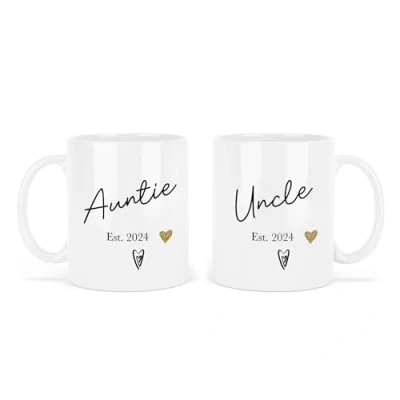 Image of UNIQUEPGIFTS Auntie and Uncle Baby Announcement, Gifts, Mugs, New Mug, 11 Oz Ceramic (Auntie &amp; Est. 2024 (2 Mugs))