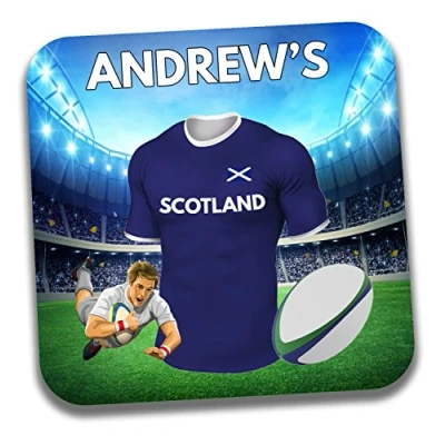 Image of AK Giftshop Personalised Gift Scotland Rugby Shirt Themed Drinks Coaster/Beer Mat Birthday Present Stocking Filler