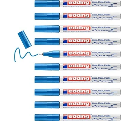 Image of edding 780 gloss paint marker blue 10 markers extra fine round tip 0.8 mm pen for glass, pebbles, wood, plastic, paper waterproof, high coverage