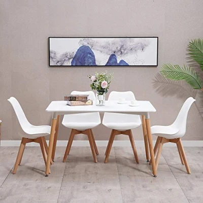 Image of HomJoy Dining Table and 4 Chairs Set, Modern Design PU Seat Lounge Chair White Rectangular Kitchen with Solid Wood Legs (White * + 120cm Table)