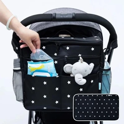Image of Orzbow Large Changing Bag for Pram,Waterproof 22L Buggy w/Cup Holders,Multifunctional Pram Organiser w/Removable Divider,Insulated Lining,Extra 2 Hooks,Shoulder Strap &amp; Mat (Black)