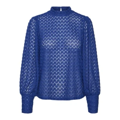 Image of VERO MODA Women&#039;s Vmbecca High Neck Lace Top JRS Long Sleeve Blouse, Surf The Web, M