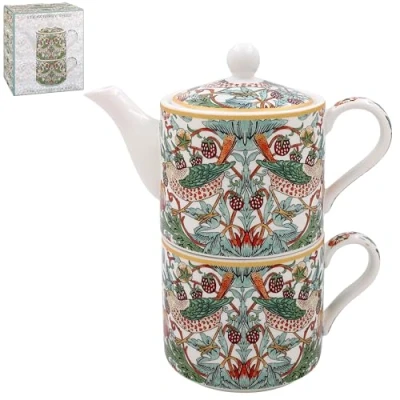 Image of Lesser &amp; Pavey William Morris White Strawberry Thief Tea for One Set Lovely Floral Fruit Design Ceramic Pot Mug Gift Idea
