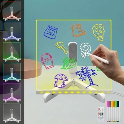 Image of Acrylic Dry Erase Board with Light LED Note Glowing Planning Message Memo Letter 7 Pen for Office School Home (8&quot;x8&quot;)