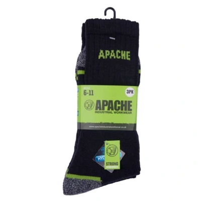 Image of Apache Work Socks Burlington 3 PACK Padded Comfort Moisture Wicking Hydrovent Anti bacterial Pureco Treatment Mens Size 6 11 UK