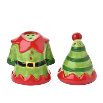 Image of The Seasonal Gift Co Elf Suit &amp; Hat Christmas Salt Pepper Shakers Festive Xmas Gifting Homeware for Presents, Stocking Fillers Dining Holiday Room.
