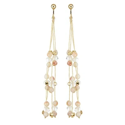 Image of Clip On Earrings Gold Plated Drop With Pink Agate Stone And Glass Beads Ryo P