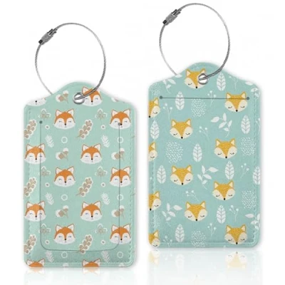 Image of Cute Fox with Leaves Luggage Tags Bag Tag Privacy Cover Name Id Card Stainless Steel Loop Suitcase Labels Pu Leather Baggage for Travel,2 Pcs