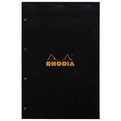 Image of Rhodia 202019C Pack of 3 Stapled Notepads No.20 Black/Orange A4+ (21 x 31.8 cm), 80 Detachable Sheets, 4 Hole Punching, Small Squares 5 5, Clairefontaine Paper g/m2 White
