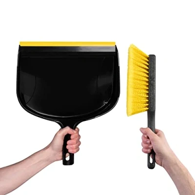 Image of Hardys Hand Broom and Dustpan Set Rubber Lip Dust Pan &amp; Stiff Soft Brush Bristles for Easy Cleaning Professional Home Garden Use