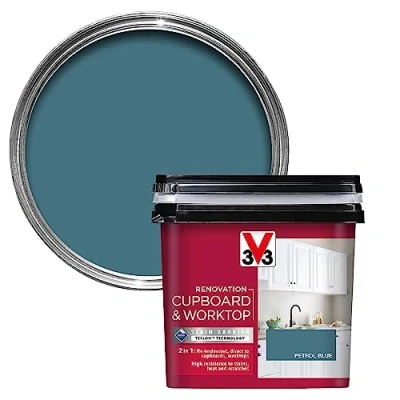 Image of V33 Renovation Cupboard &amp; Worktop Paint Petrol Blue 750ml No Undercoat Durable Finish High Resistance To Water, Stains Scratches Washable Resistant Cleaning Products