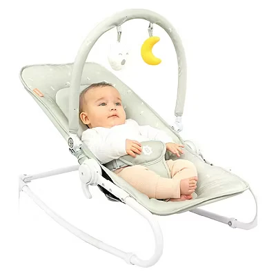 Image of Badabulle Folding Baby Bouncer Chair Lichen Adjustable Padded Backrest Fixed or Rocker 3 point safety harness Detachable play arch Removable cover