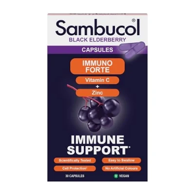 Image of Sambucol Natural Black Elderberry Immuno Forte Capsules Vitamin C Zinc Immune Support Supplement 30