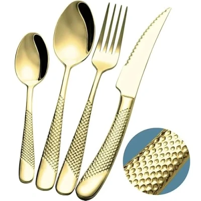 Image of Exeton Luxury Signature Cutlery Set, for 1/4/6 People, Stainless Steel, Silver, Gold, 2 in 1 Steak Knives, Dishwasher Safe (Signature 16)