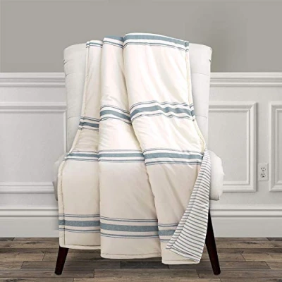 Image of Lush Decor Farmhouse Stripe Reversible Throw, Single, 50&quot; W x 60&quot; L, Blue Classic Modern Rustic Charm Cozy Soft Single Pinstripe Print Blanket