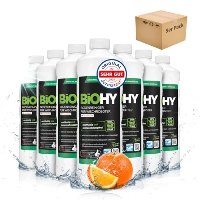 Image of BiOHY Floor Cleaner for Mopping Robots with Orange Scent (9 x 1l Bottle) Cleaning Agent Concentrate All Foam Free &amp; Streak Sustainable 1:200