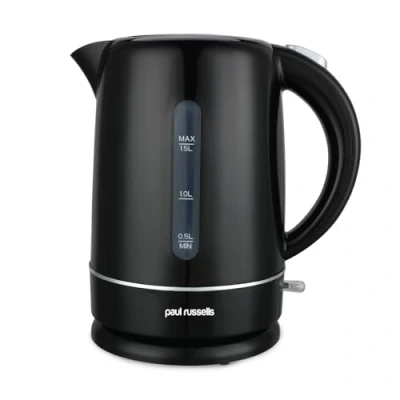 Image of Paul Russells Electric 1.5L Cordless Kettle (Fast Boil 3KW, Black premium plastic, high gloss finish, Removable washable anti scale filter, Push to open lid, Perfect pour spout) 15659