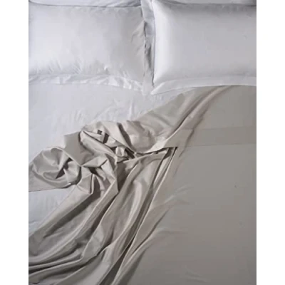 Image of LENZUOLISSIMI Queen Bed Sheet in Satin Cotton 300 Thread Count 240 x 290 cm Made Italy Light Beige