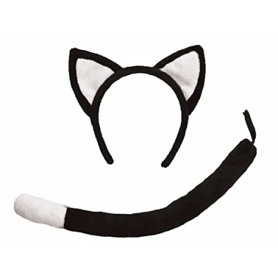 Image of jokeshop Black &amp; White Cat Set (Ears Tail) Fancy Dress Halloween World Book Day Adults Plush Animal Headband Accessory
