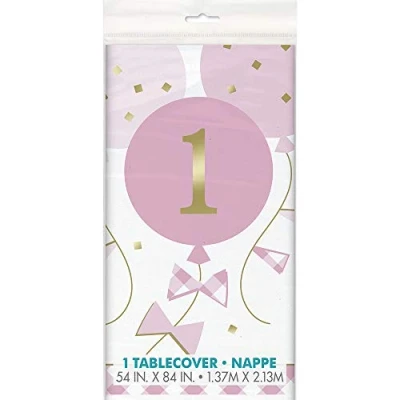 Image of Pink Gingham 1st Birthday Rectangular Plastic Table Cover (137cm x 213cm) Perfect for Milestone Celebration 1 Pc