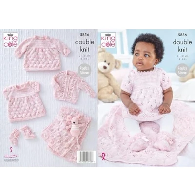 Image of King Cole Baby DK Knitting Pattern Dress Cardigan Blanket &amp; Bootees (5856)
