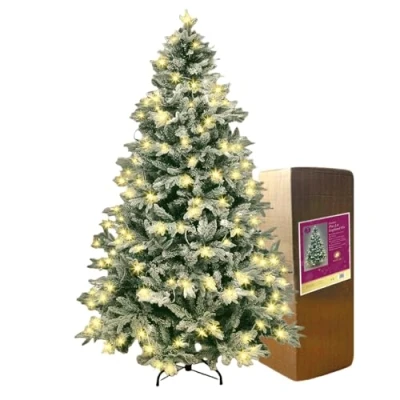 Image of SHATCHI Pre Lit Artificial Christmas Tree Lapland Fir LED Lights, Snow Flocked PE/PVC Tips, Snowy Bushy Hinged Branches, Metal Stand for Xmas Home Decorations, Warm White, 210cm