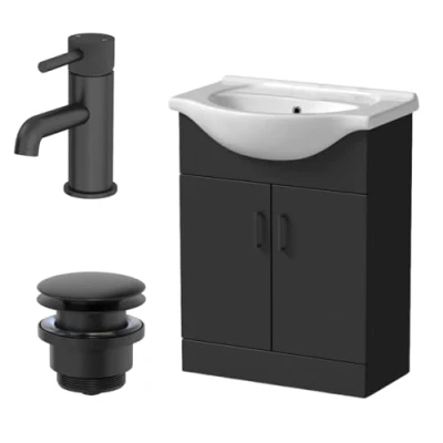 Image of Affine® 650mm Bathroom Vanity Unit Ceramic Sink Floorstanding Storage Cabinet Cupboard &amp; Black Fluted Basin Tap Waste Set, Matt
