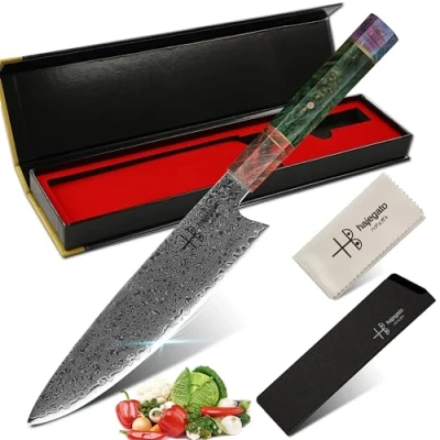 Image of hajegato Damascus Chef Knife Gyuto Unique One of Kind Handle Professional 8 Inch Japanese Chefs Kitchen Vg10 67 Layers Steel Knive with Sheath
