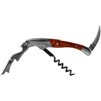 Image of Professional Waiter&#039;s Knife Corkscrew Wine Bottle Opener Foil Cutter Double Leaver Varnished Wood