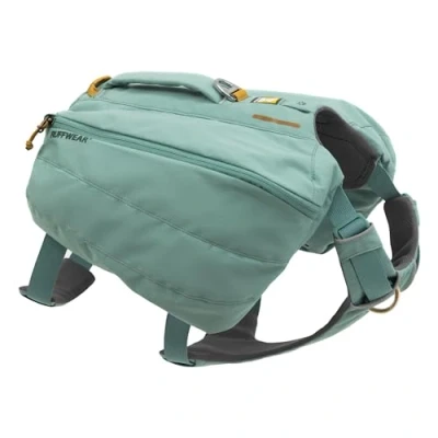 Image of RUFFWEAR Front Range Day Pack, X Small Dog Harness with Pockets &amp; Handle, Rucksack for Hikes, 2 Lead Attachment Points Reflective Trim, Size XS, 43 56cm, River Rock Green