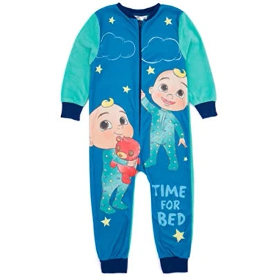Image of CoComelon Boys Onesie In Blue Kids All One Fleece Pyjama Loungewear Fun JJ Time for Bed Cosy PJs Sleepsuit Nightwear Soft Comfortable Pajama Bodysuit Romper Merchandise Gift Children