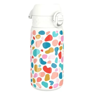 Image of ION8 Insulated Steel Water Bottle, 320 ml/11 oz, Leak Proof, Easy to Open, Secure Lock, Dishwasher Safe, Carry Handle, Flip Cover, Metal Raised Print, Stainless Steel, Splodges Design