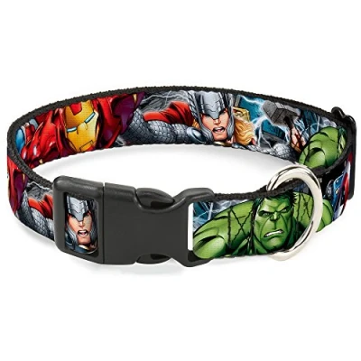 Image of Buckle Down Plastic Clip Collar Marvel Avengers 4 Superhero Poses CLOSE UP 1/2&quot; Wide Fits 6 9&quot; Neck Small