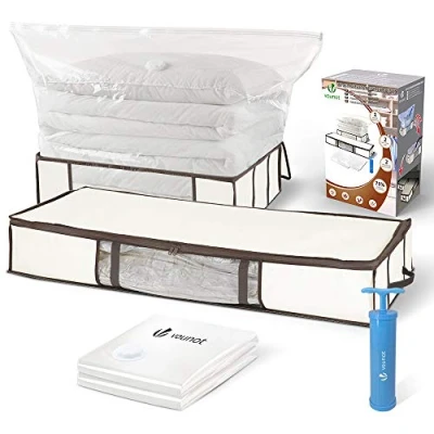Image of VOUNOT 2 Large Underbed Storage Bags and Vacuum for Duvets, Clothes, Bedding, Pillows, Set of 4 with Pump, Beige